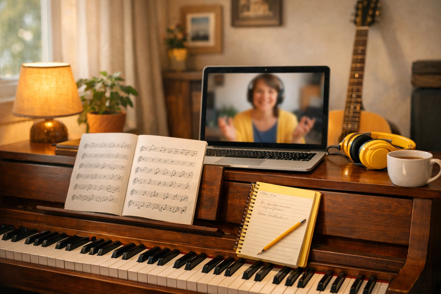 Sessione di revisione Zoom di pianoforte individuale con insegnante e studente in uno studio musicale domestico