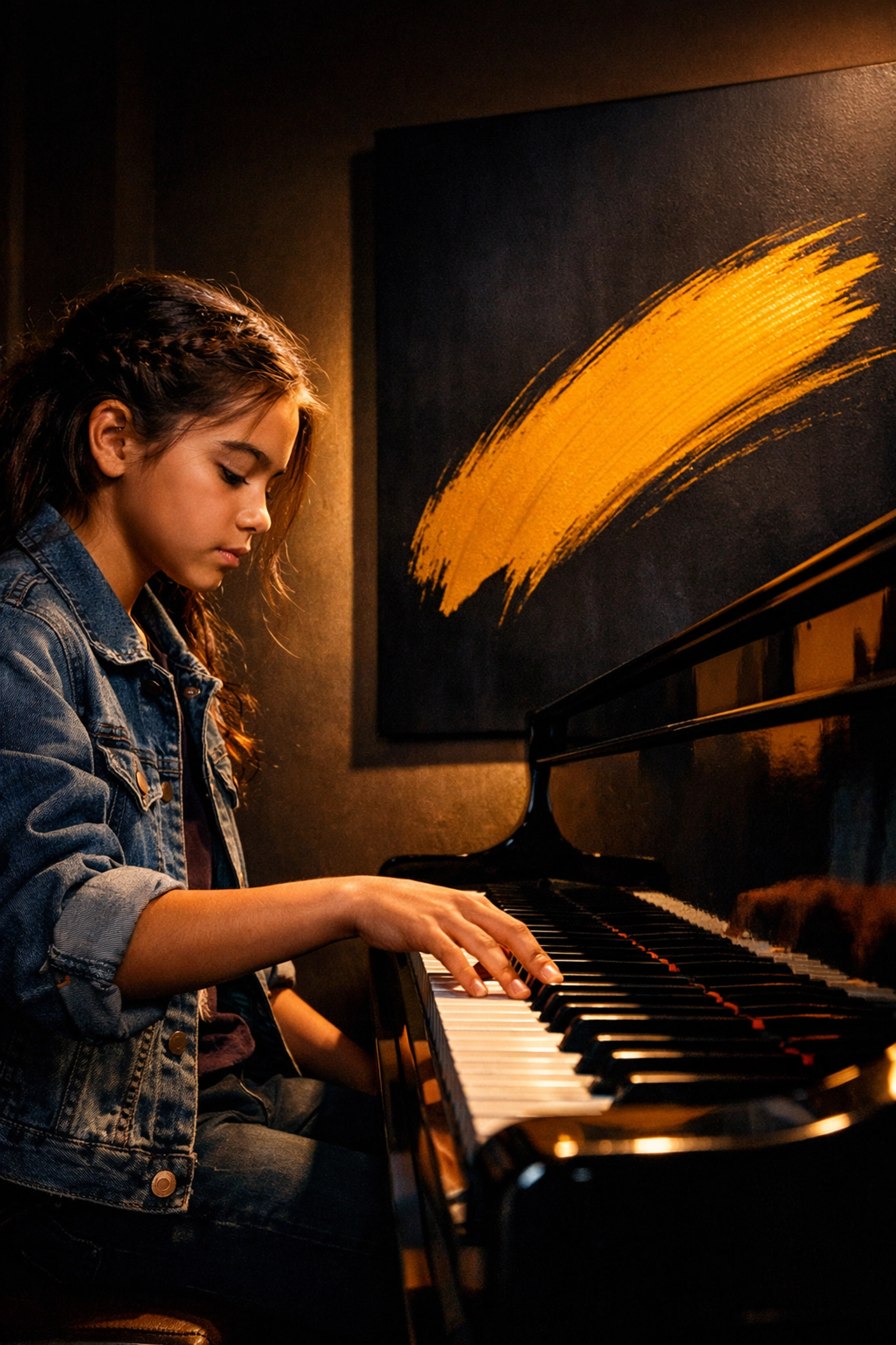 Een jonge student die piano-improvisatie oefent, geïnspireerd door een gedurfd abstract schilderij.