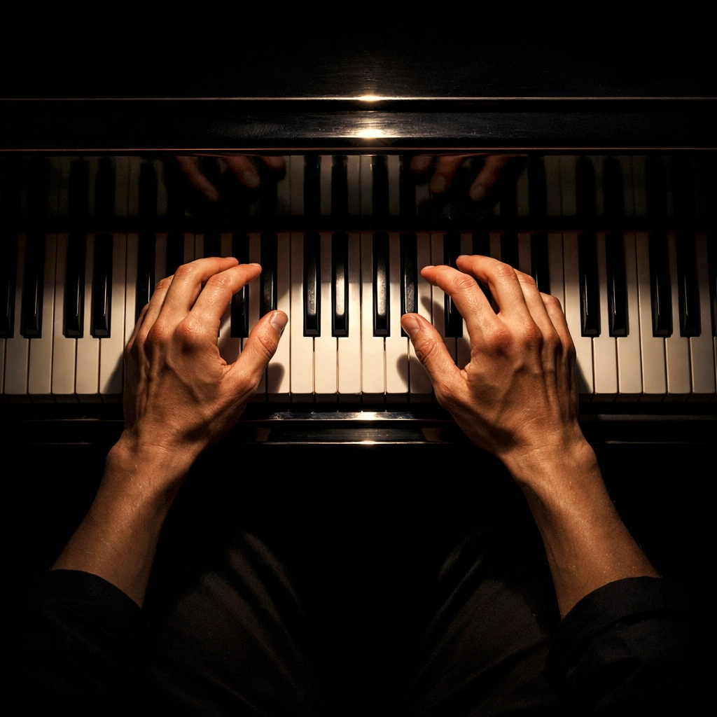 Pianist's handen zwevend boven pianotoetsen die improvisatie-aarzeling en angst tonen