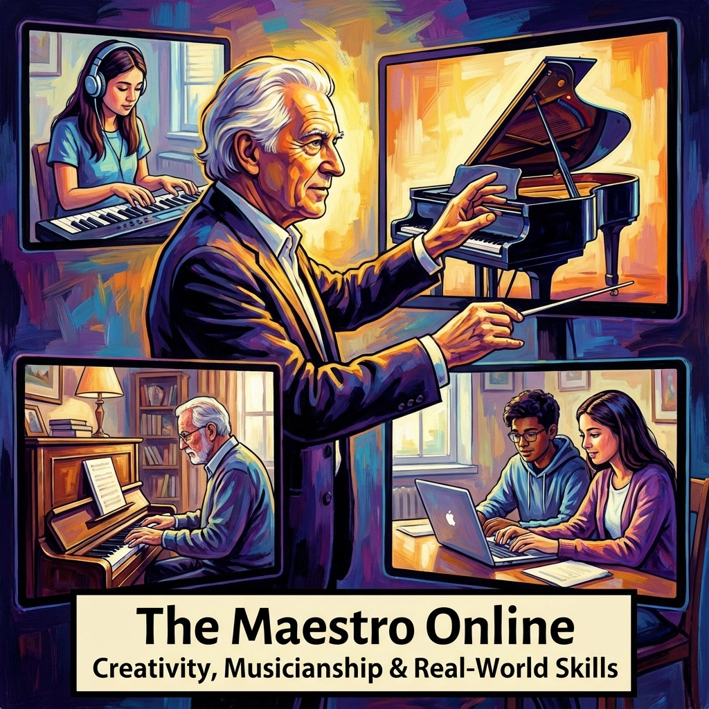 Studenti che imparano il pianoforte con masterclass online con strumenti digitali interattivi ed esercizi creativi