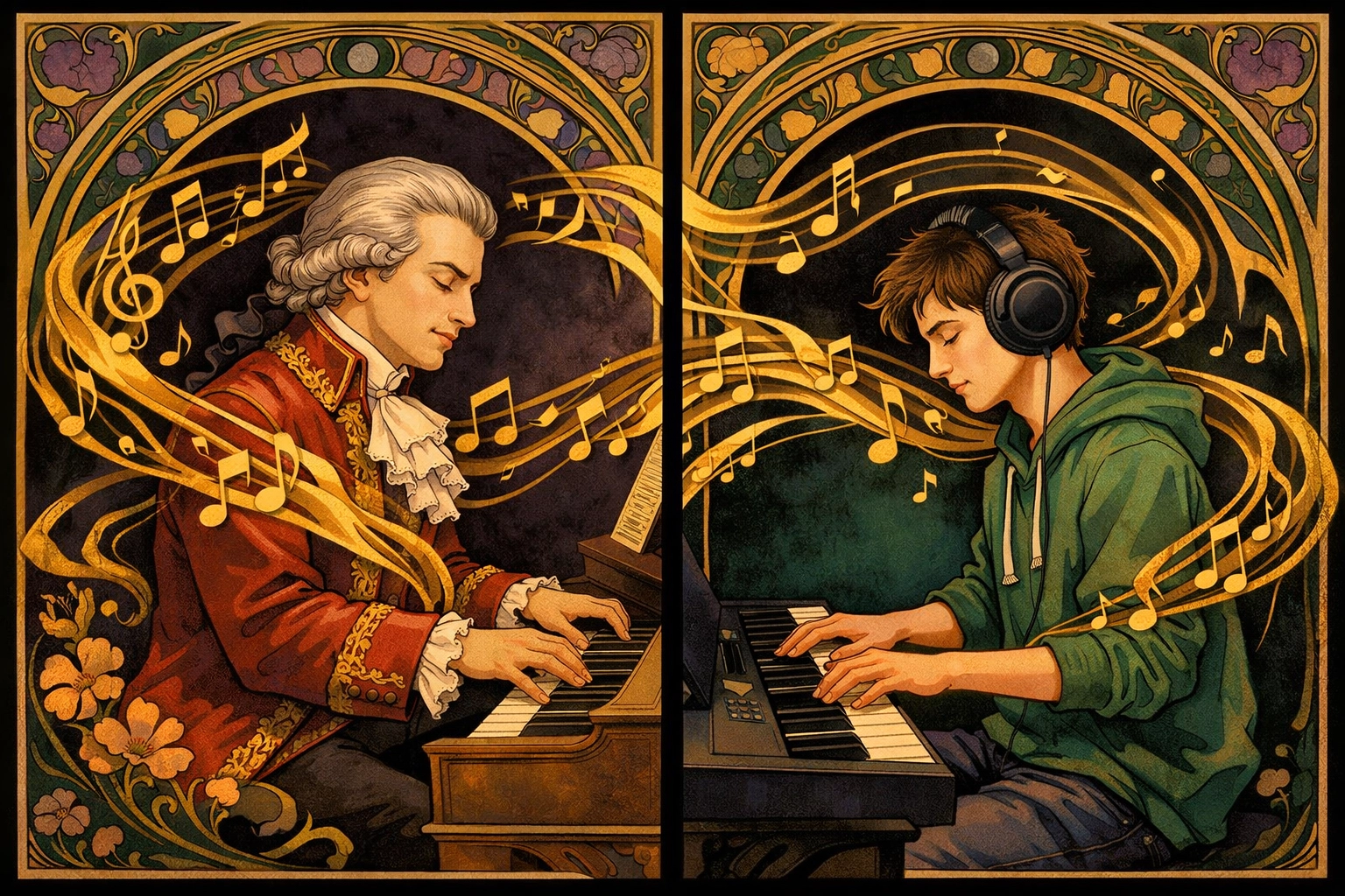 Mozart e pianista moderno che dimostrano tecniche di improvvisazione pianistica attraverso la storia