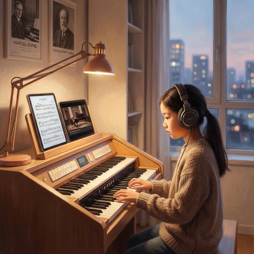 Jeune fille concentrée apprenant l'orgue en ligne dans son studio à domicile, représentant l'accessibilité et l'autonomisation des cours d'orgue en ligne.