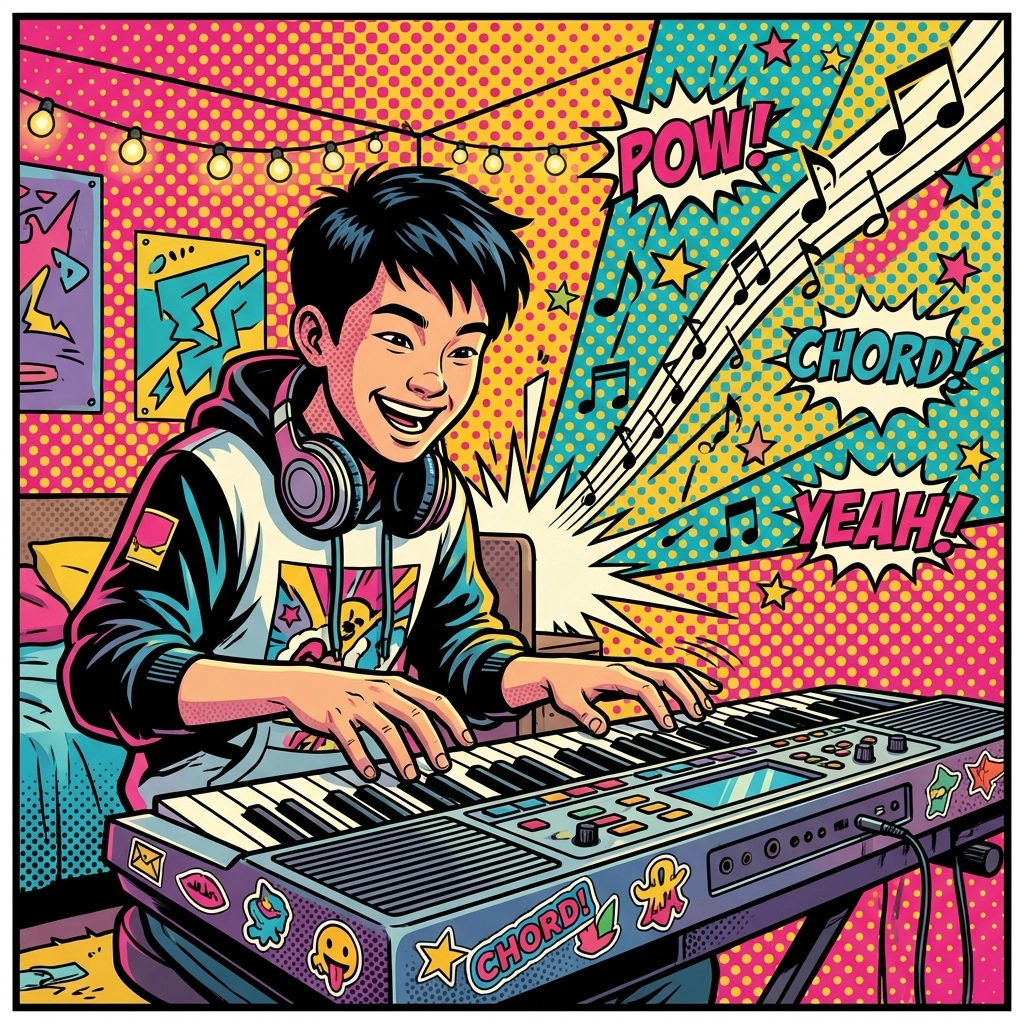 Jugendlicher spielt Keyboard, zeigt den Spaß und die Aufregung beim Erlernen von Pop-Klavierprogressionen für Anfänger