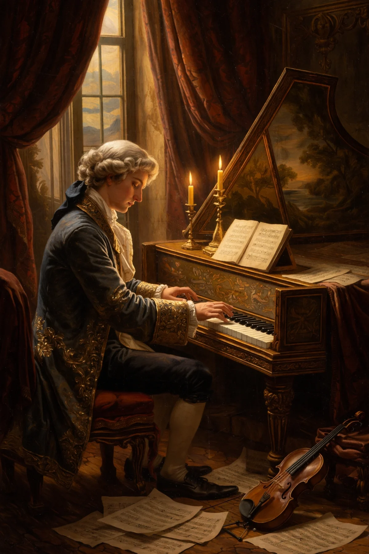 Musiker des 18. Jahrhunderts improvisiert auf einem Cembalo in einem kerzenbeleuchteten Barockraum, der historische Improvisationsfähigkeiten hervorhebt.