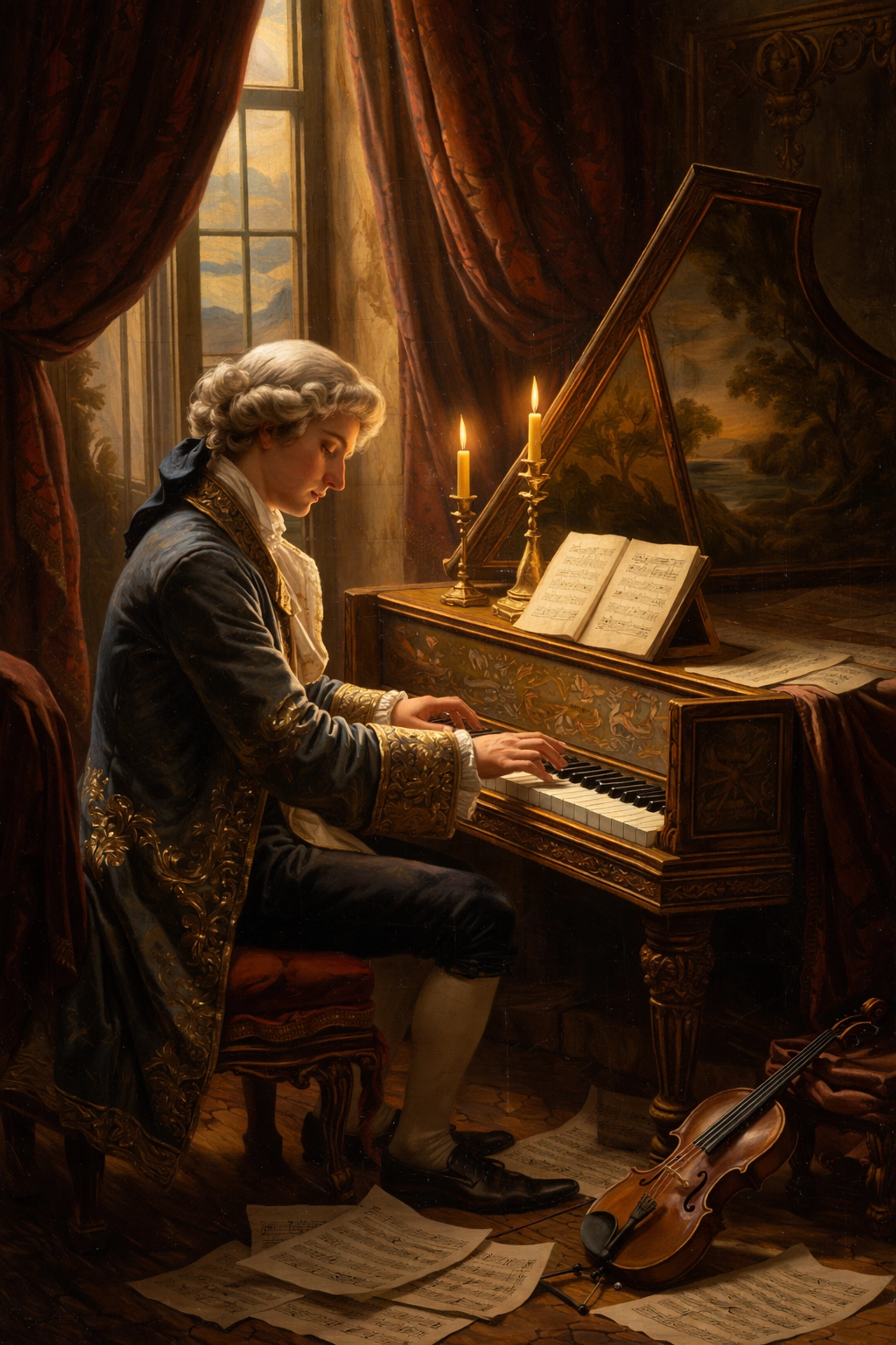 18e-eeuwse muzikant improviseert aan een klavecimbel in een barokke kamer bij kaarslicht, met nadruk op historische improvisatievaardigheden.