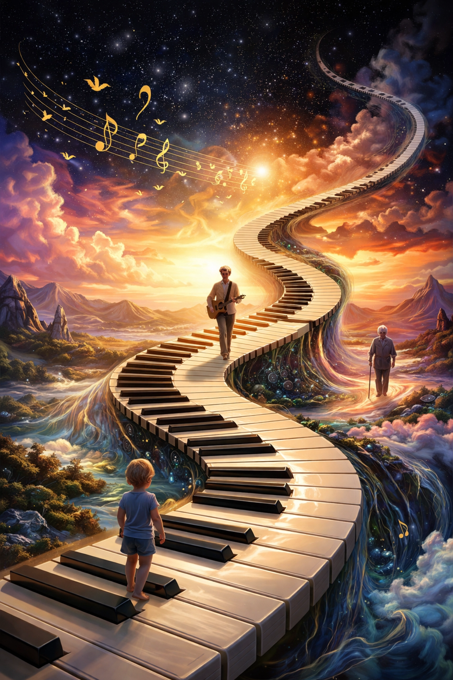 Paysage surréaliste avec un clavier de piano sinueux et des personnes de tous âges, symbolisant l'apprentissage musical tout au long de la vie.