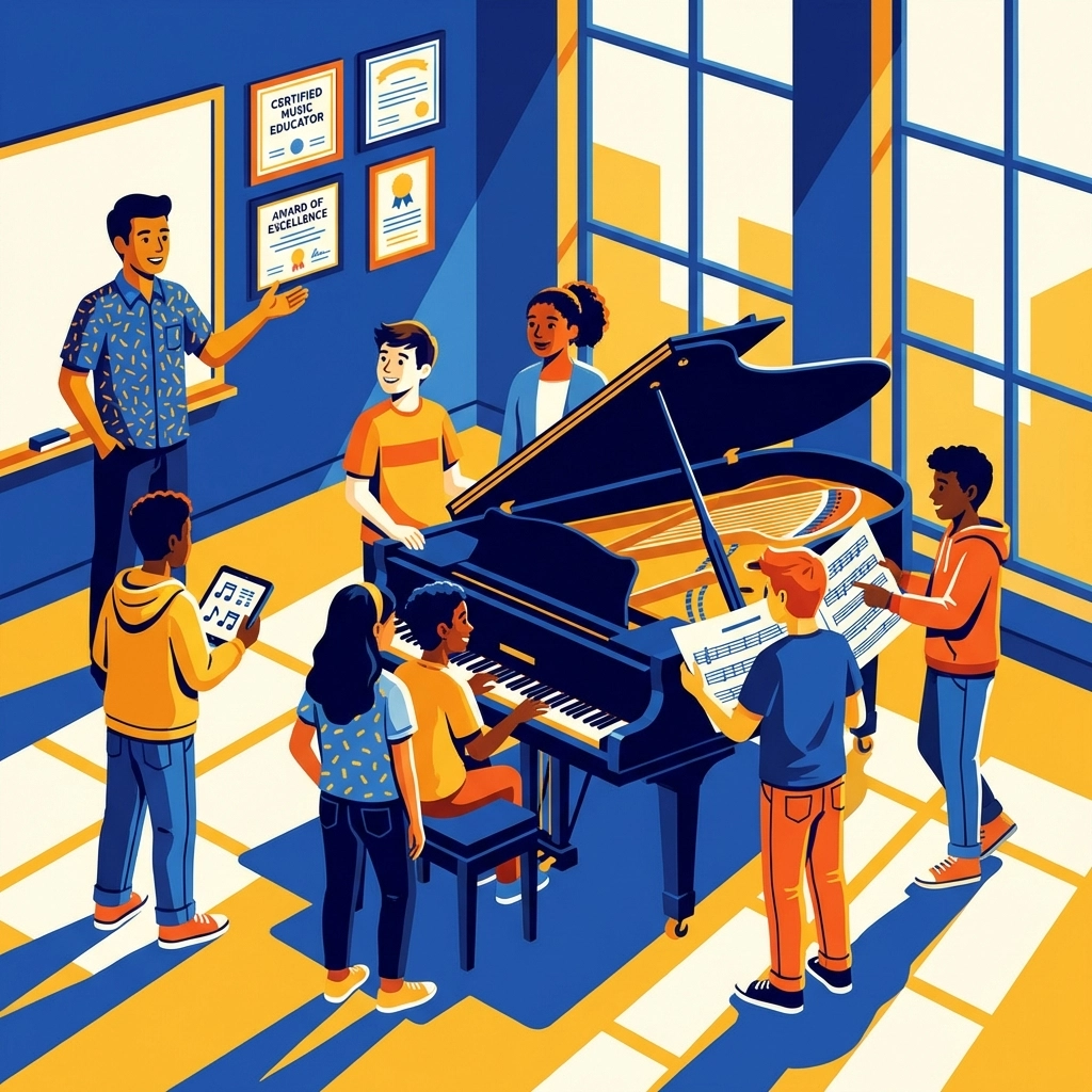 Diversos jóvenes estudiantes de piano aprendiendo con un instructor calificado en un curso de música en línea acreditado