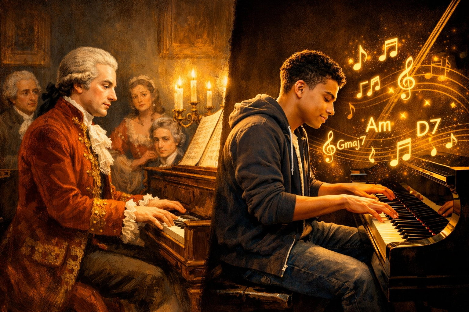 Évolution de l'improvisation classique de Mozart au pianoforte à l'étudiant de musique de niveau A moderne au piano à queue