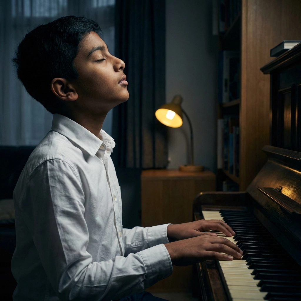 Un jeune garçon calme ses nerfs par une respiration profonde au piano juste avant une importante performance musicale.