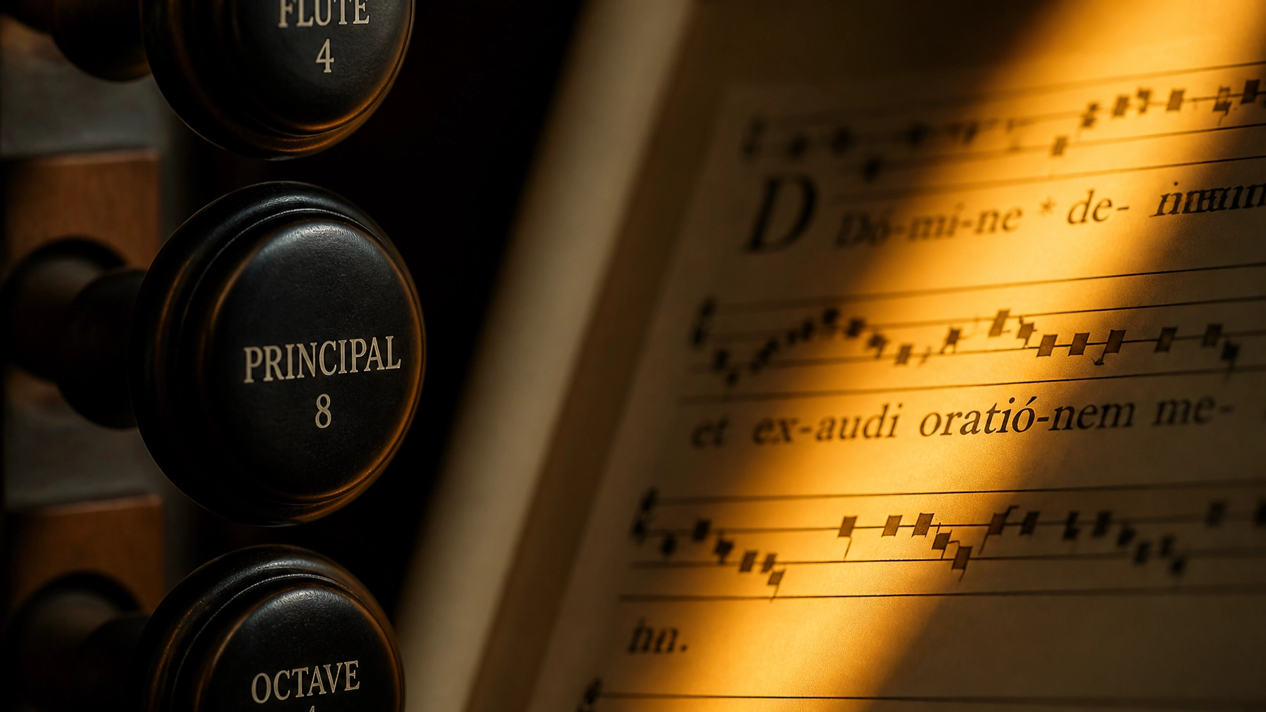 Gros plan sur des boutons de jeu d'orgue et des partitions de chant grégorien avec des accents jaunes