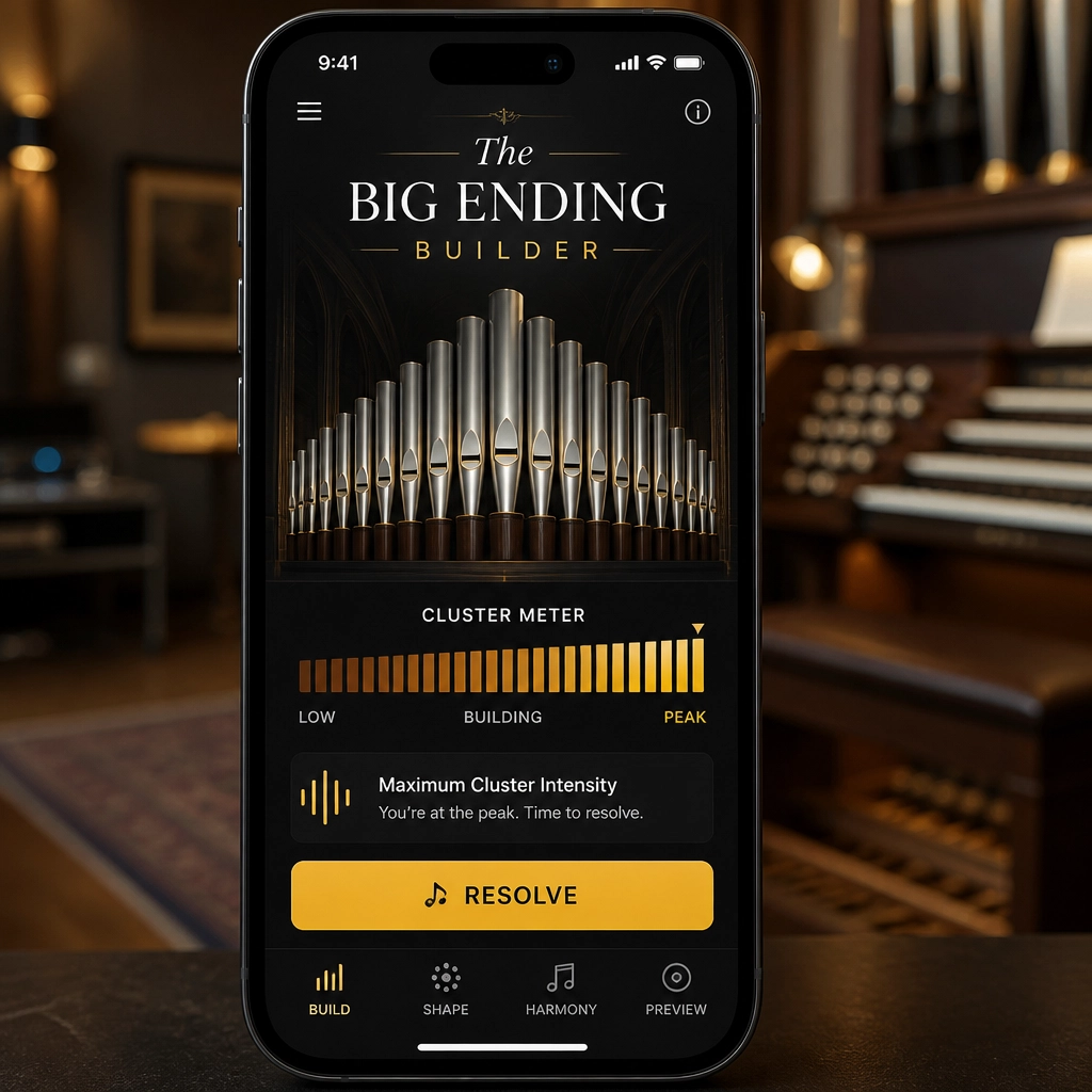 Die Benutzeroberfläche der Big Ending Builder App auf einem Smartphone, die musikalische Visualisierungen und eine gelbe Auflösungsschaltfläche für das Üben von Orgelimprovisationen zeigt.