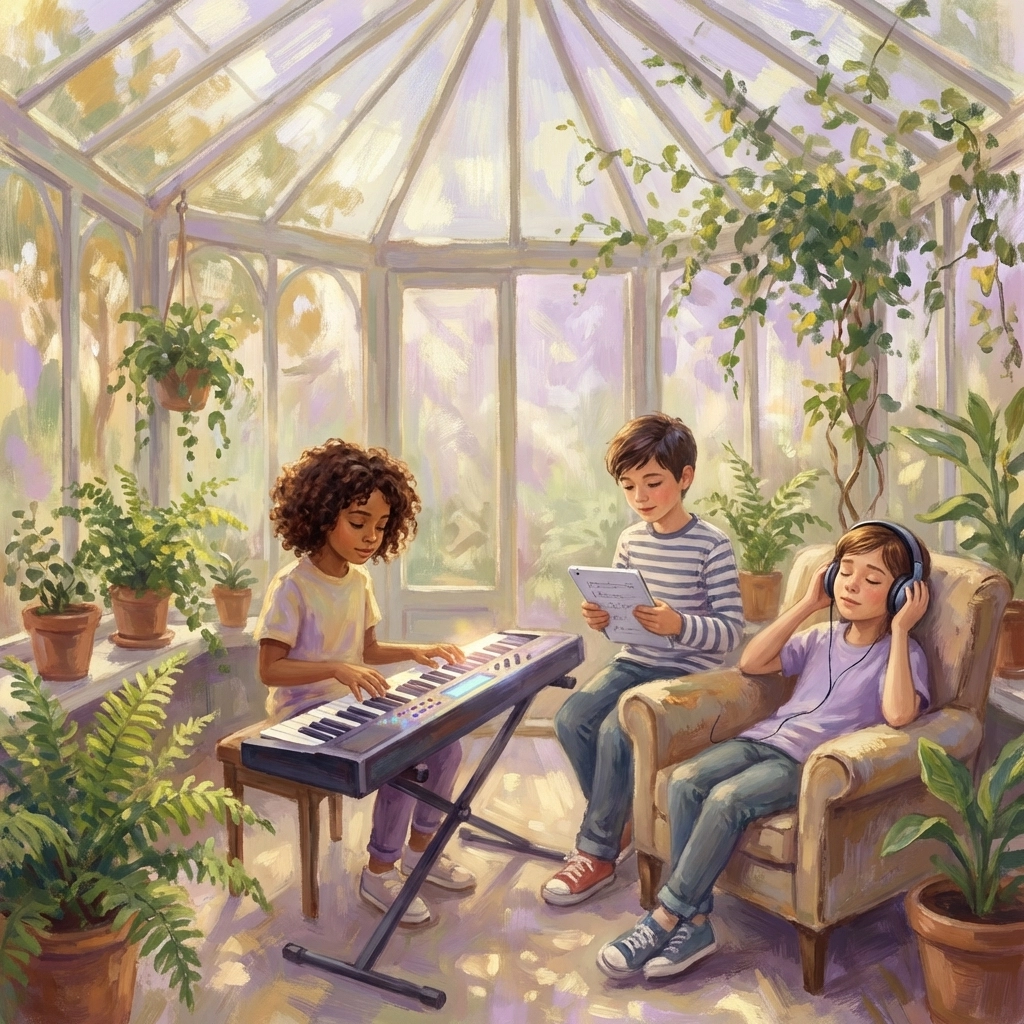 Niños practicando piano en un conservatorio luminoso y lleno de jardín, apoyando el aprendizaje colaborativo y el progreso alegre para principiantes jóvenes.