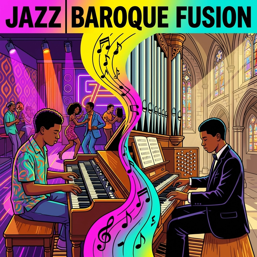 Illustration d'un jeune musicien maîtrisant à la fois l'orgue Hammond jazz et l'orgue à tuyaux classique, soulignant la polyvalence des genres dans les masterclasses d'orgue.