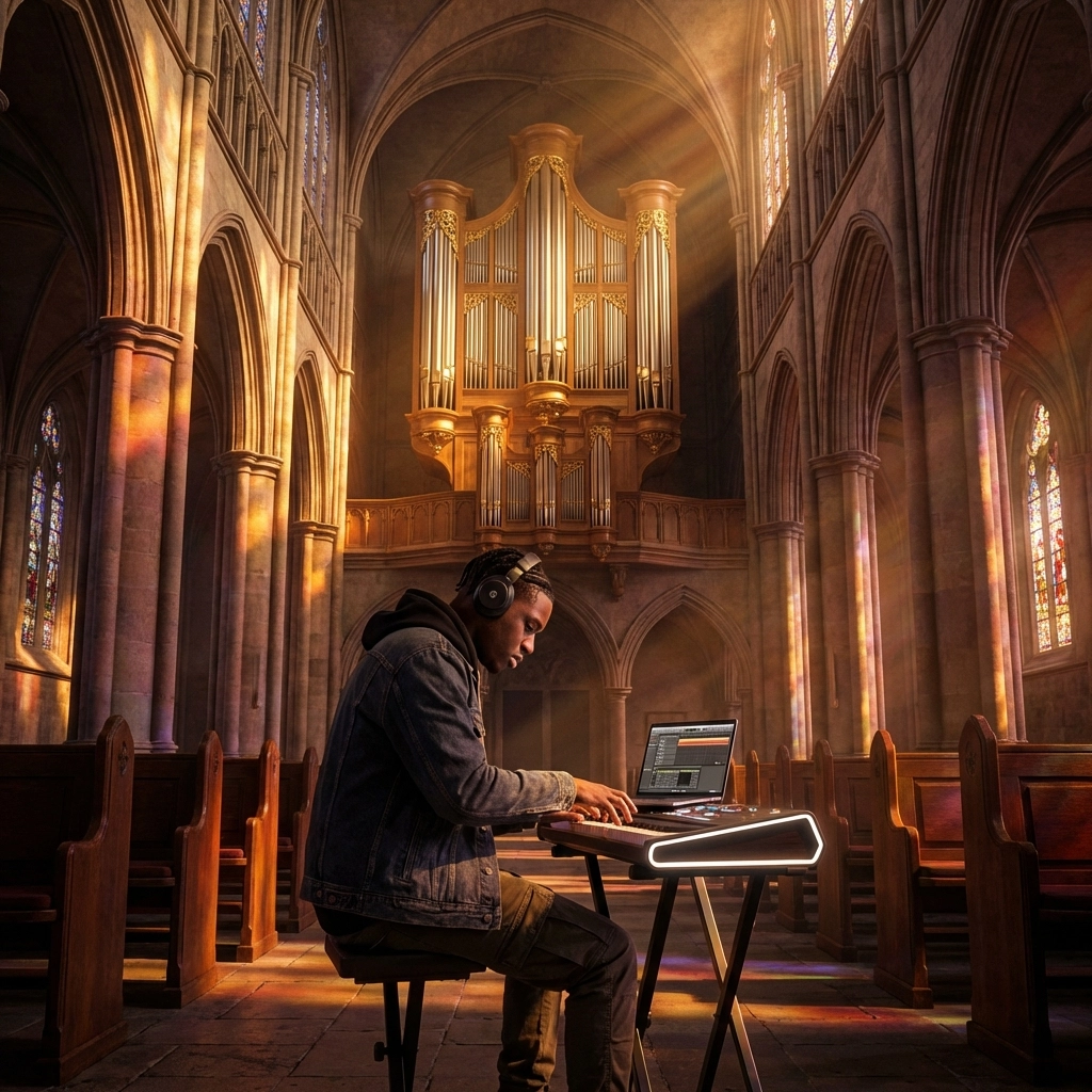 Un adolescent pratique l'orgue numérique dans une cathédrale ensoleillée, mêlant tradition classique et éducation musicale en ligne moderne.