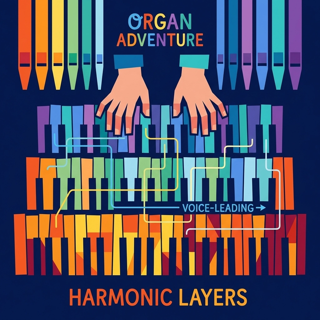 Vista aérea de las manos de un organista en múltiples teclados de órgano, explicando visualmente la armonía y la conducción de voces en la improvisación de órgano para jóvenes músicos