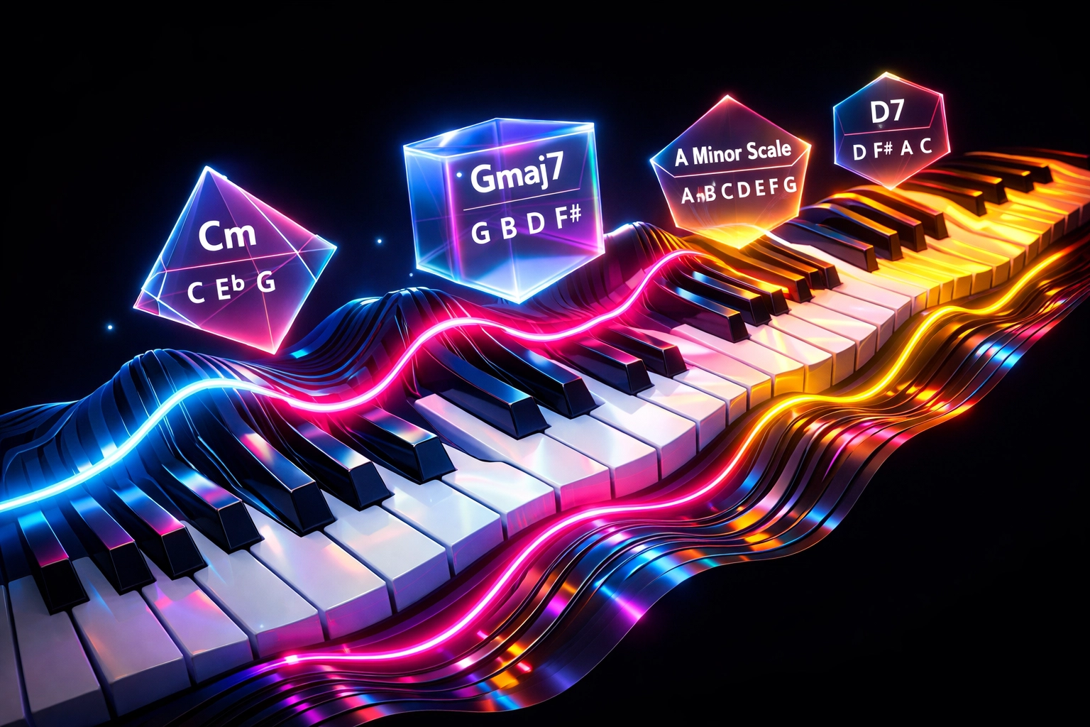 Tastiera del pianoforte che mostra concetti di teoria musicale per lezioni di pianoforte online e improvvisazione